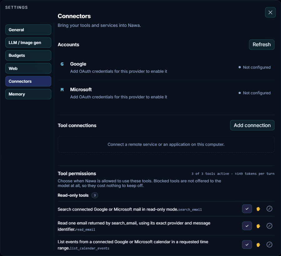 Settings, Connectors tab: accounts, tool connections and tool permissions