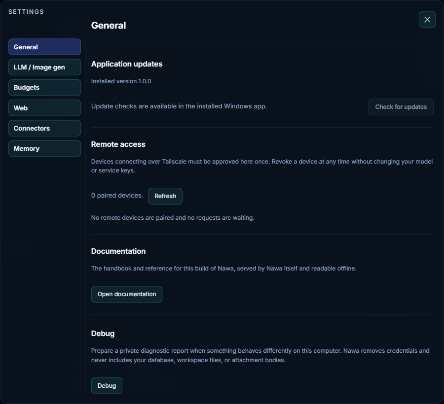 Settings, General tab at Application updates, Remote access, Documentation and Debug