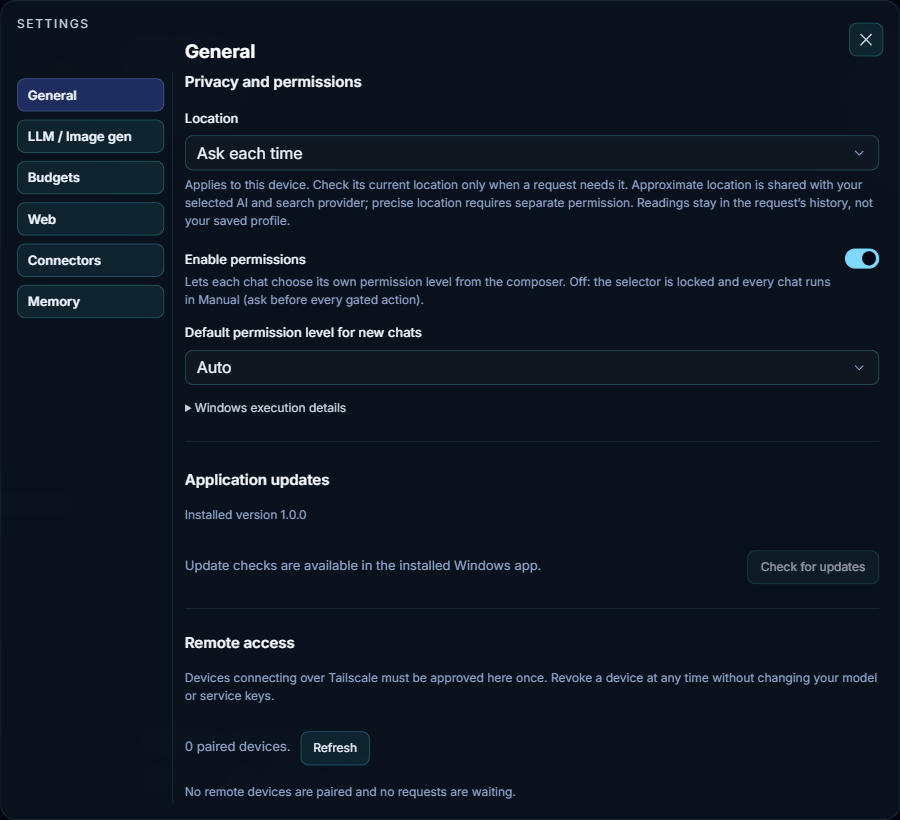 Settings, General tab at Privacy and permissions: location, Enable permissions, the default permission level, and Windows execution details