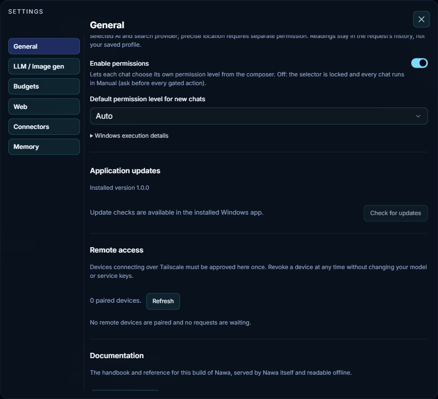 Settings, General: the default permission level and the Application updates row