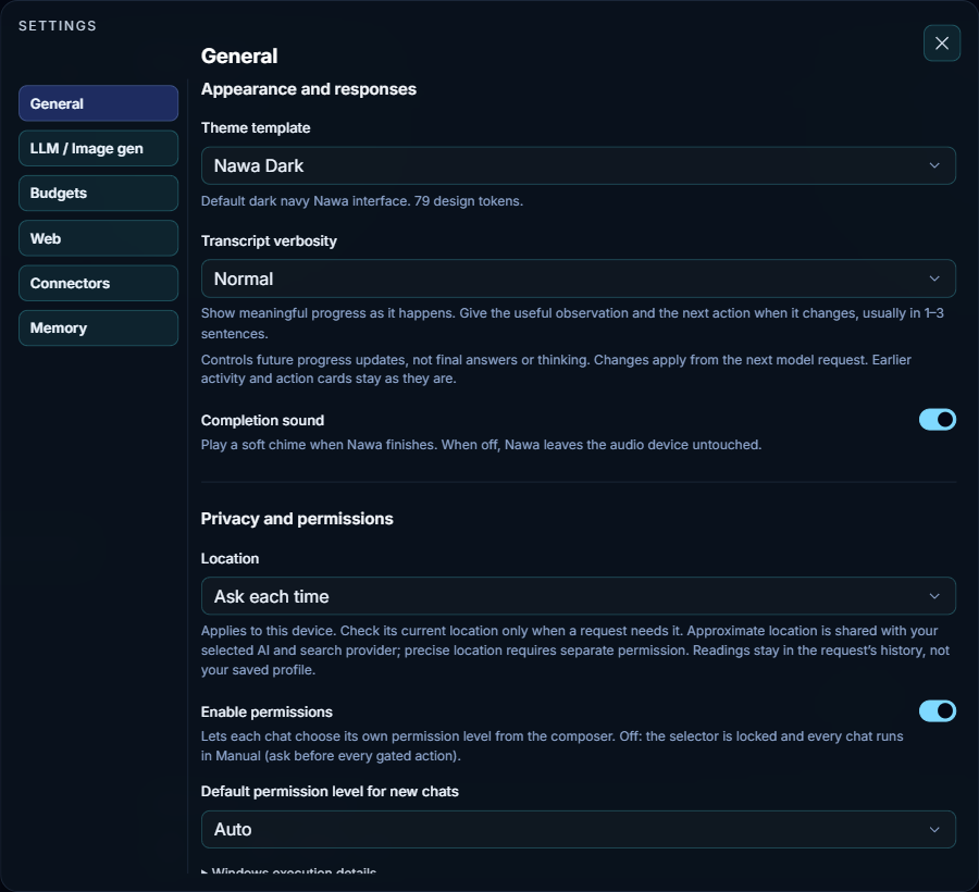 Settings, General tab from the top: theme template, transcript verbosity and completion sound