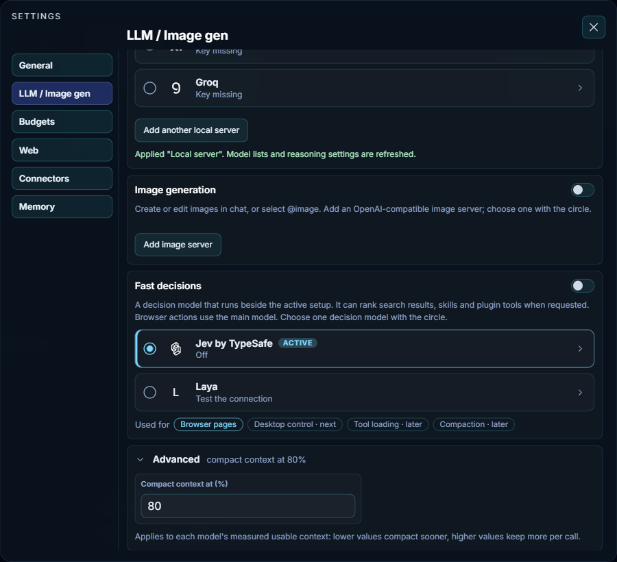 Settings, LLM / Image gen tab: Image generation, Fast decisions, and Advanced open on the compaction threshold