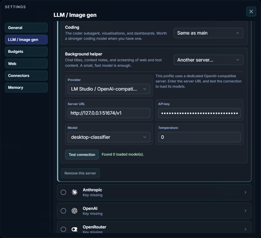 Settings, LLM / Image gen tab with the Local server card open at its Coding and Background helper roles