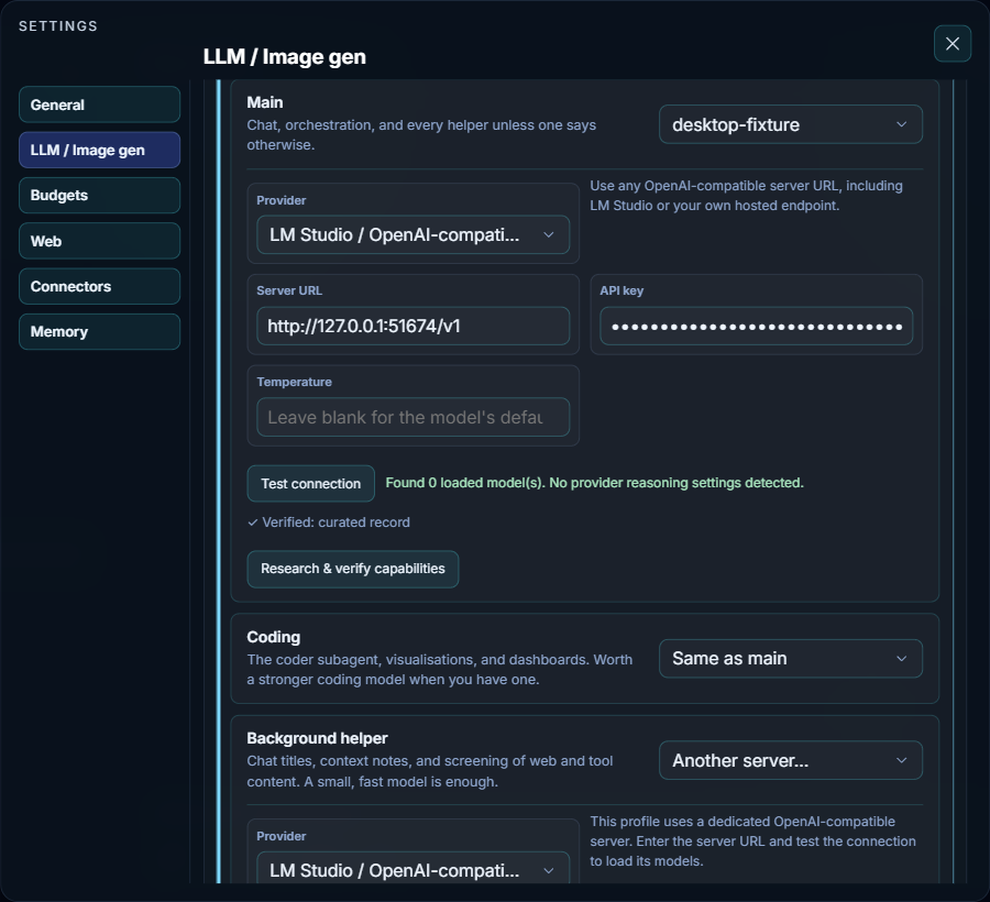 Settings, LLM / Image gen tab with the Local server card open: the Main role