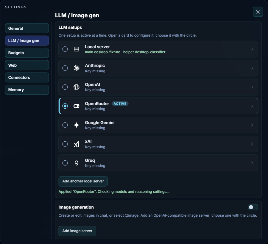 Settings, LLM: the setup cards with OpenRouter active, and the Fast decisions cards below