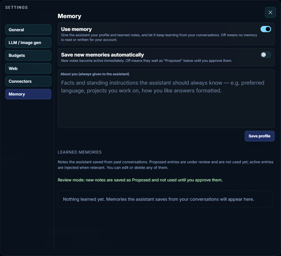 Settings, Memory tab: Use memory, save automatically, About you, and learned memories