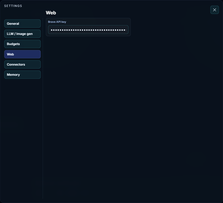 Settings, Web tab: the Brave API key